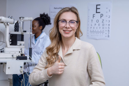 Blonde pretty young woman in new eyeglasses at the optometrist officeの写真素材