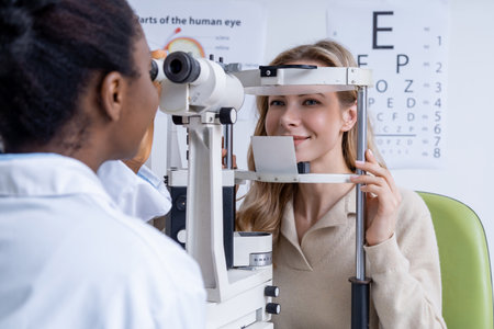 Blonde young caucasian woman having a vision test on optical equipmentの写真素材