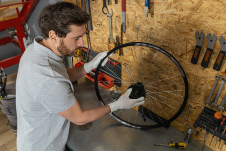 Mechanic inspecting bicycle wheelの写真素材
