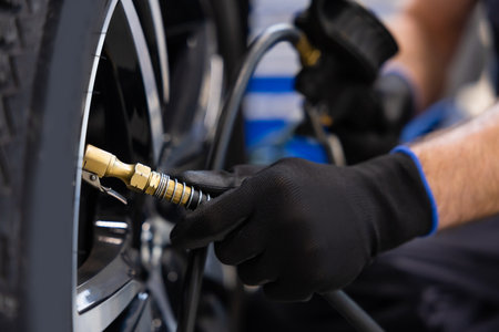 Mechanic inflating tire with pressure gauge in workshopの写真素材