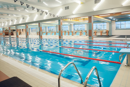 Picture of a modern swimming pool with blue waterの写真素材
