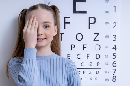 Cute caucasian girl on the Snellen vision test background at the ophthalmologist office
