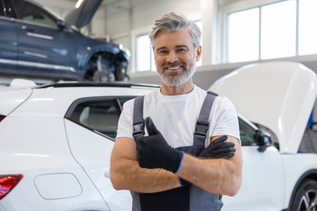 Mechanic with arms crossed in workshopの写真素材