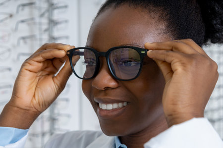 Curly-haired african american female optician in eyeglasses