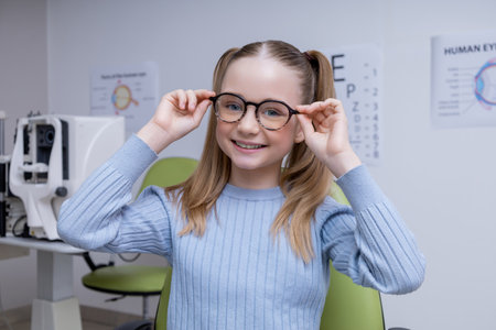 Cute caucasian girl in eyeglasses looking positive and contented