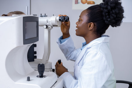 Female ophthalmologist working using optical medical tool while working with patient