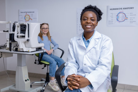 African american female ophthalmologist working at her officeの写真素材