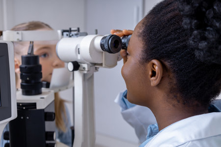 Female ophthalmologist working using optical medical tool while working with patientの写真素材