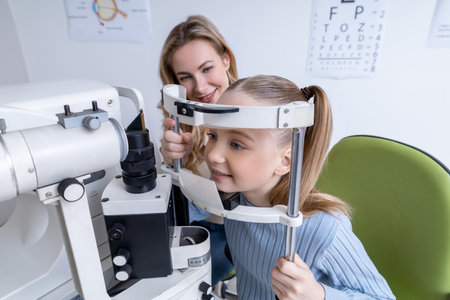 Fair-haired girl and her mom having consultation at the ophthalmologist office