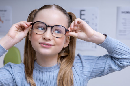 Caucasian school age girl undergoing vision exam at the ophthalmologist officeの写真素材