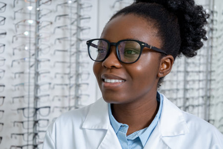 Curly-haired african american female optician in eyeglassesの写真素材