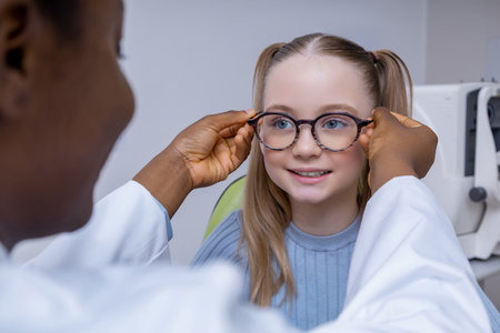 Cute caucasian girl trying on new glasses in optometrist office