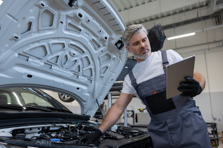 Mechanic performing diagnostics with tabletの写真素材