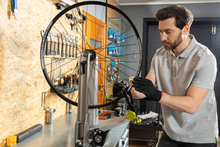 Mechanic in black gloves adjusting wheelの写真素材