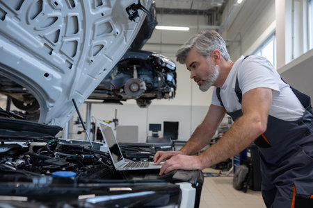 Mechanic with laptop in auto repair workshopの写真素材