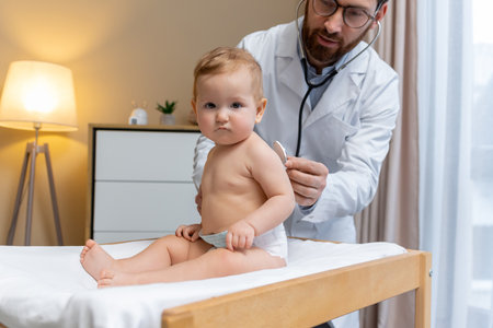 Doctor examining a cute little patient and looking concentratedの写真素材