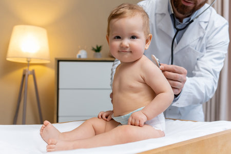 Doctor examining a cute little patient and looking concentratedの写真素材