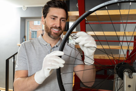Mechanic in white gloves holding bicycle wheel