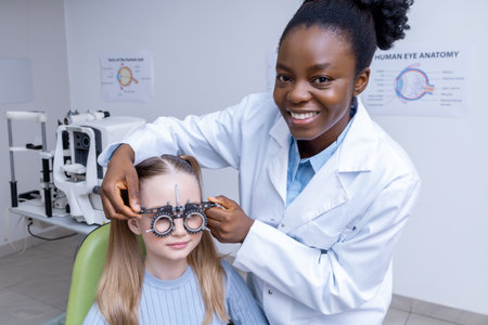 African american female optometrist checking vision of a small patient