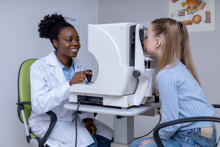 African american female ophthalmologist checking vision of a girlの写真素材
