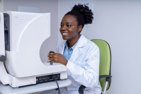 Smiling african american optometrist working in her office