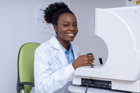 Smiling african american optometrist working in her officeの写真素材