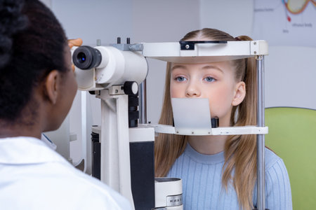 Cute school age girl having an optometric test at the doctors officeの写真素材