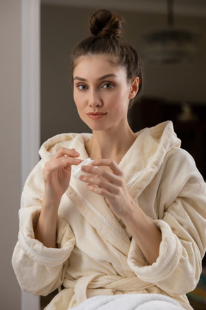 Cute woman with applies rejuvenating cream to her glowing face enjoying wellnessの写真素材