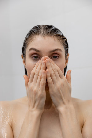 Woman washing body in bath in bathroom splashing water at homeの写真素材
