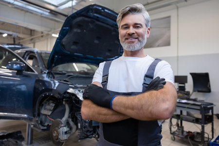 Mechanic standing with gloves in auto shopの写真素材