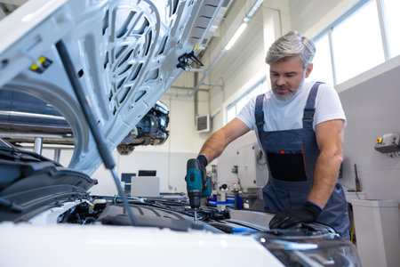 Mechanic using power drill on engineの写真素材