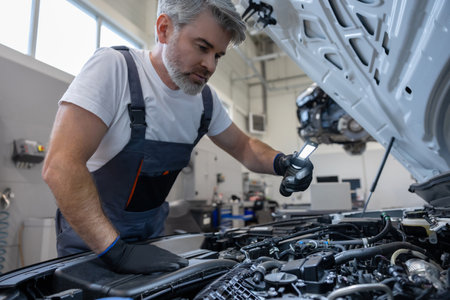 Mechanic inspecting engine with flashlightの写真素材
