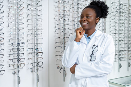 Pretty young smiling female doctor in optical shop