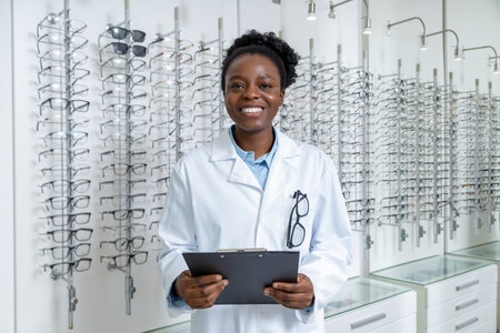 Female african american optician in a lab coat looking contented and positiveの写真素材