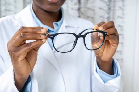 African american optometrist in a lab coat holding new eyeglasses in hands