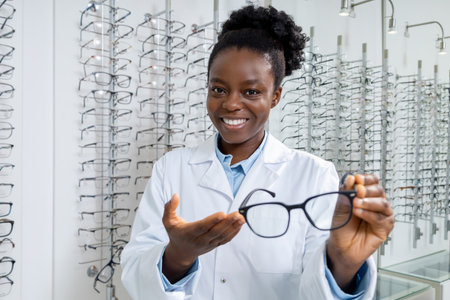 African american optometrist in a lab coat holding new eyeglasses in hands