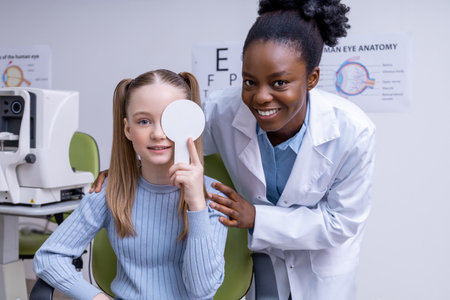 Fair-haired caucasian kid having eye test at optometrist officeの写真素材