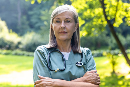 Mature caucasian female looking positive while standing on a greenery backgroundの写真素材