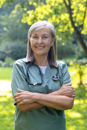 Caucasian female standing with her arms crossed on a greenery backgroundの写真素材