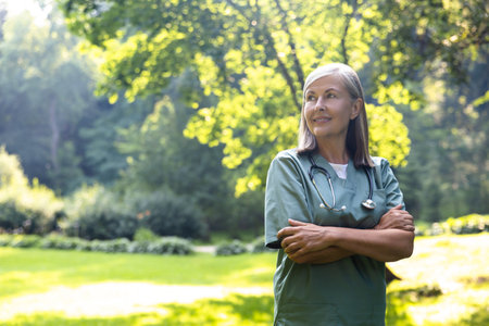 Caucasian female nurse standing with her arms crossed on a greenery backgroundの写真素材
