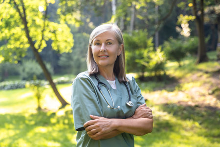 Caucasian female nurse standing with her arms crossed on a greenery backgroundの写真素材