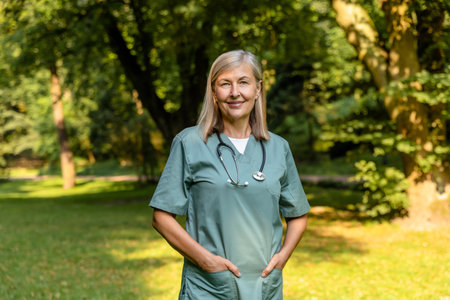 Mature caucasian female looking positive while standing on a greenery backgroundの写真素材