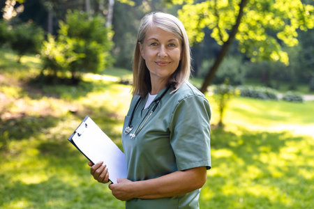Mature caucasian female looking positive while standing on a greenery backgroundの写真素材