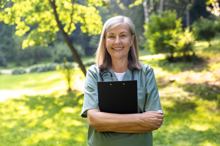 Mature caucasian female looking positive while standing on a greenery backgroundの写真素材