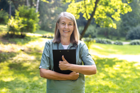 Mature caucasian female looking positive while standing on a greenery backgroundの写真素材