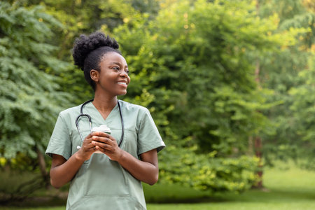 Smiling positive african american burse having coffee in the parkの写真素材