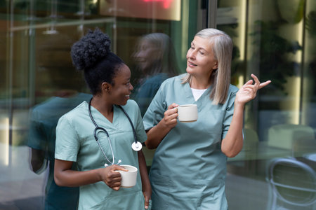 Two female doctors with cups with coffee in the elevator talkingの写真素材