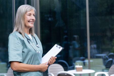 Fair-haired caucasian female doctor in lab coat looking confidentの写真素材