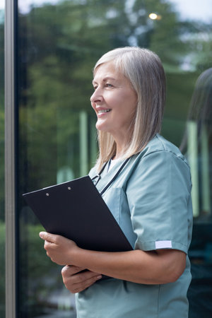 Fair-haired caucasian female doctor in lab coat looking confidentの写真素材