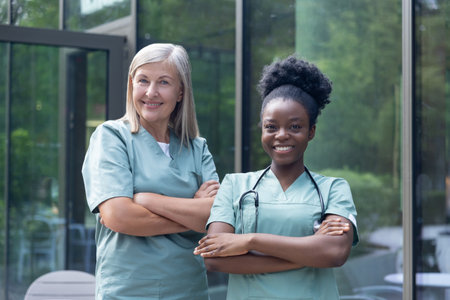 Smiling female doctors in lab coats standing near clinic and looking confidentの写真素材